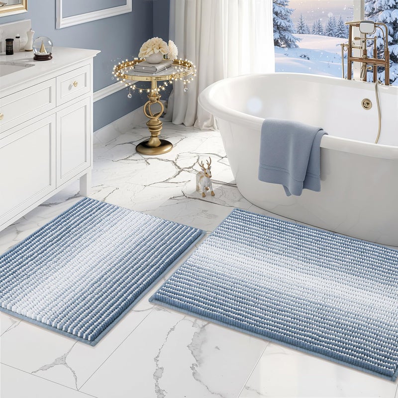 BSICPRO Bathroom Rugs and Mats Sets, 2 Piece Thick Absorbent Chenille Bath Mat Rug Set Non Slip, Soft Shaggy Bath Room Floor Mats for Bathroom, Machine Washable (Fog Blue, 20" x 32" Plus 16" x 24") - Image 1
