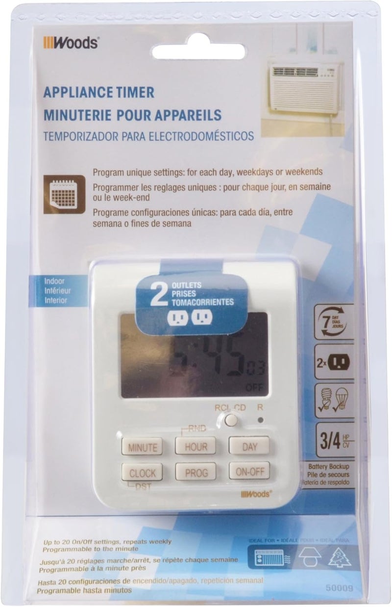 Woods 7Day Indoor Heavy Duty Digital Timer with 2Outlets White 50009 - Image 2