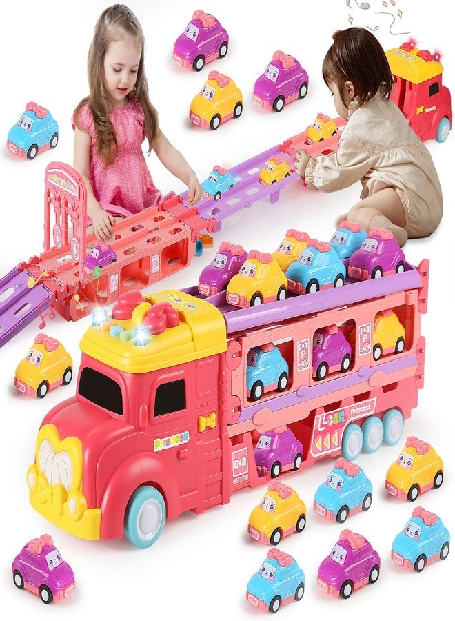 aruemp 12 in 1 Princess Carrier Truck with Girls Car Toys, 2-Player Race Mode Friction Power Toy Cars with Light & Music for 3 Year Old Girls Birthday Gifts - Image 1