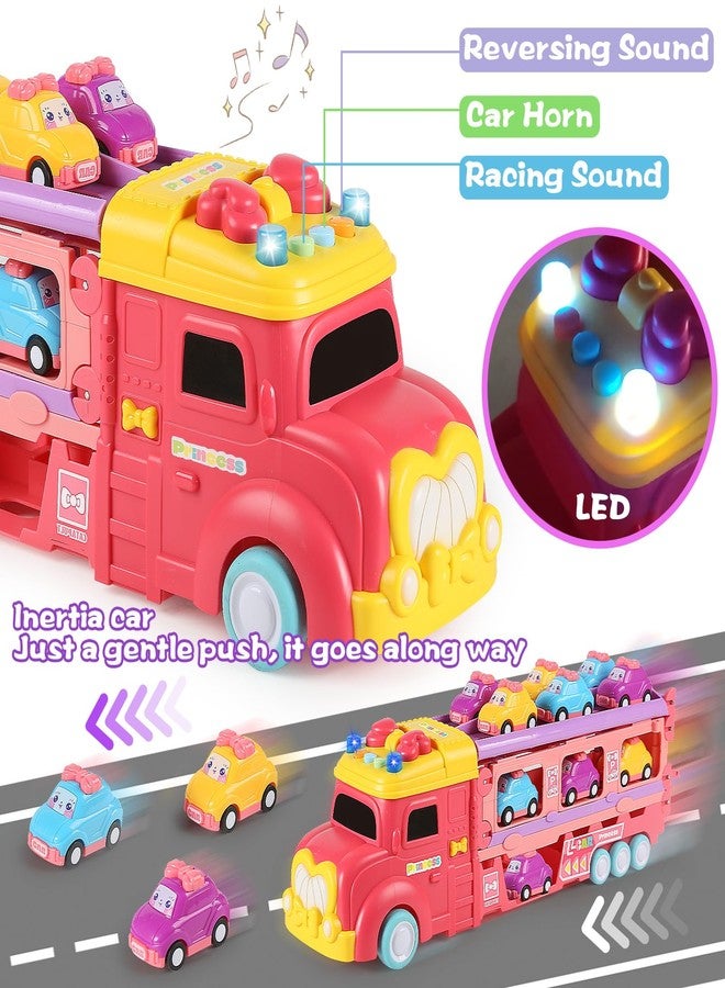 aruemp 12 in 1 Princess Carrier Truck with Girls Car Toys, 2-Player Race Mode Friction Power Toy Cars with Light & Music for 3 Year Old Girls Birthday Gifts - Image 3