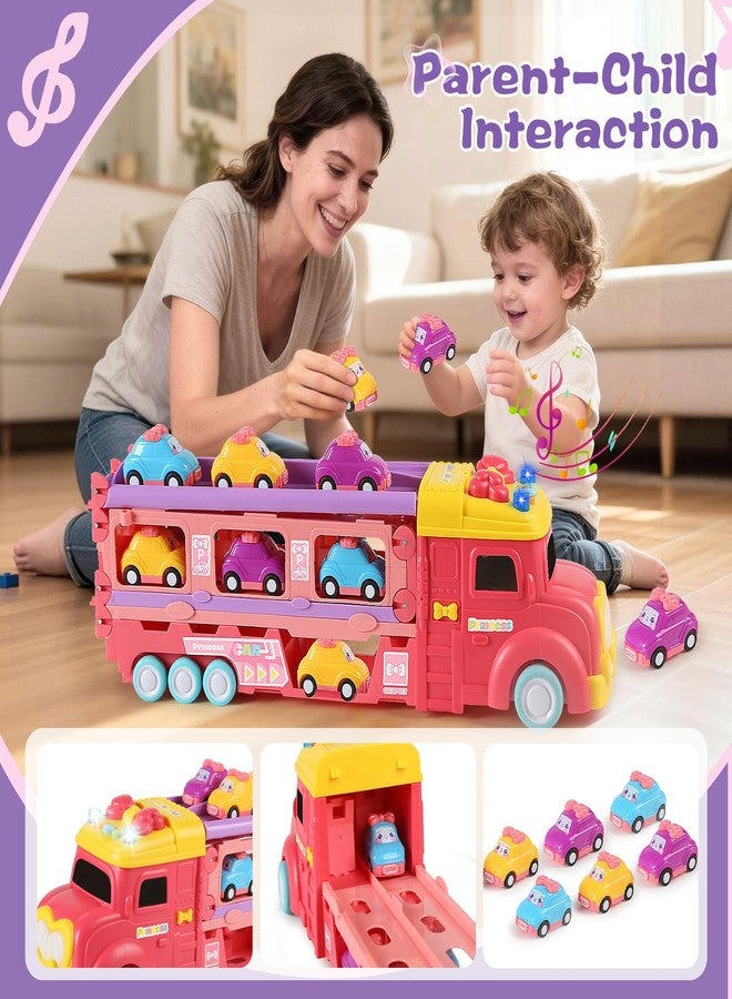 aruemp 12 in 1 Princess Carrier Truck with Girls Car Toys, 2-Player Race Mode Friction Power Toy Cars with Light & Music for 3 Year Old Girls Birthday Gifts - Image 4