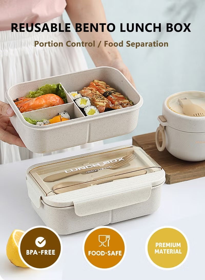 Hoasis Lunch Box Adults，Leak-proof Bento Box for Kids, Lunch Box Containers Durable for On-the-Go with Lunch Bag, Soop Cup, Spoon, Forks, Minimalist Design Food Storage Box (Khaki Set） - Image 3