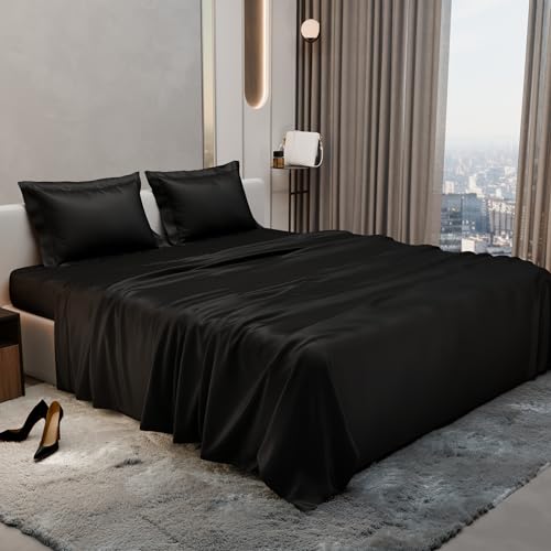 Stoa Paris Double Bedsheet with 2 Pillow Covers, 300 TC UltraSatin Premium Bedding Set, Aesthetic Home Decor, Gift for Couples, Wedding, Anniversary, Date Night - Midnight Black - Image 1