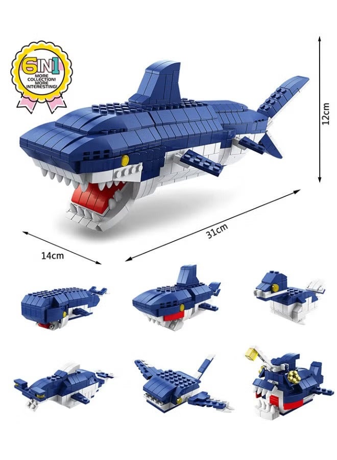 6-in-1 Shark Building Blocks Set, Ocean Shark Shape Building Toys, Shark Toy Set, STEM Learning Building Blocks Set, Ideal Gifts for Kids Age 6+ Year Old (1000 PCS)