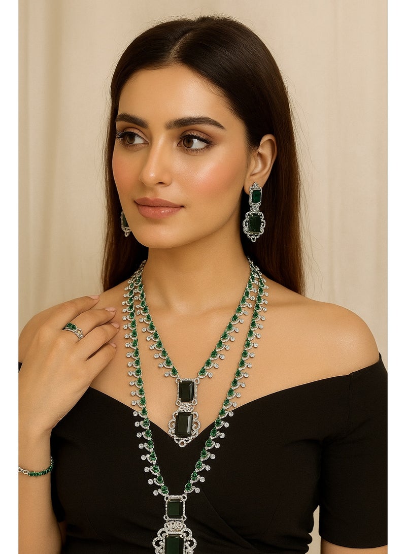 مجوهرات رام طقم مجوهرات زفاف فاخر باللون الأخضر الزمردي - عقد فاخر متعدد الطبقات مع أقراط وسوار وخاتم | طقم فاخر لحفلات الزفاف والمناسبات للنساء - Image 1