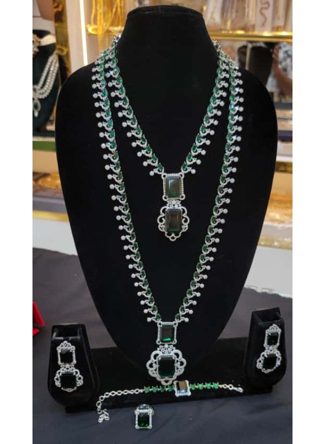 مجوهرات رام طقم مجوهرات زفاف فاخر باللون الأخضر الزمردي - عقد فاخر متعدد الطبقات مع أقراط وسوار وخاتم | طقم فاخر لحفلات الزفاف والمناسبات للنساء - Image 2