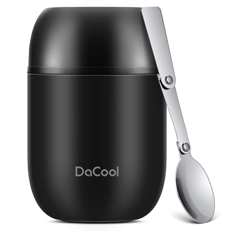 DaCool Insulated Lunch Container Insulated Food Jar 16 oz Stainless Steel Vacuum Bento Hot Lunch Box for Kids with Spoon Leak Proof Hot Cold Food for School Office Picnic Travel Outdoors Black