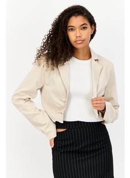 MISSY EMPIRE Women Regular Fit Solid Semi Formal Cropped Blazer, Beige  - Image 1