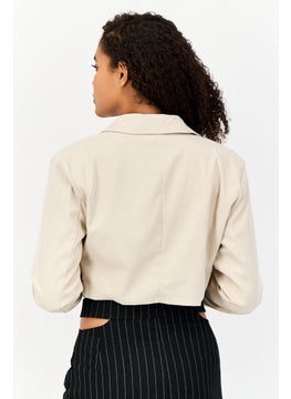 MISSY EMPIRE Women Regular Fit Solid Semi Formal Cropped Blazer, Beige  - Image 3