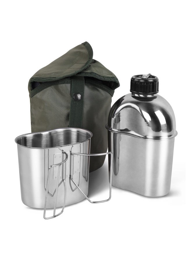 Generic Stainless Steel Wwii Us Army Canteen Water Bottler Military Canteen Kit 1.3Qt With 0.6Qt Cup Nylon Pouch  - Image 1