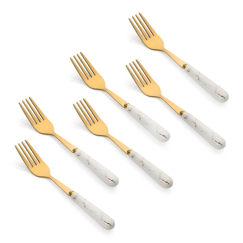 MGeezz Golden Stainless Steel Ceramic Fork Set for Home Kitchen Restaurant Dinner Table with Ceramic Handle Tableware Noodles Fork Golden Small Fork Set of 6145cm - Image 1