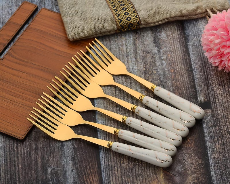 MGeezz Golden Stainless Steel Ceramic Fork Set for Home Kitchen Restaurant Dinner Table with Ceramic Handle Tableware Noodles Fork Golden Small Fork Set of 6145cm - Image 2