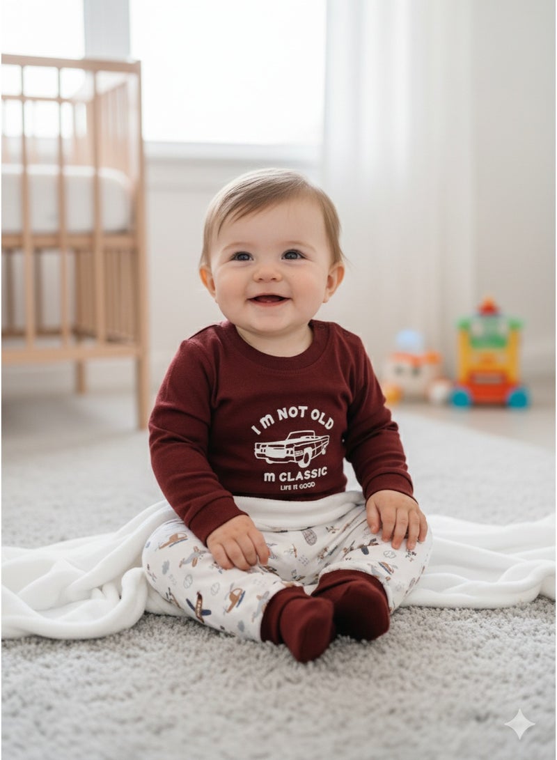 Little Bee 2 Pcs Boys Pajama Set, Adorable Car Airplane Helicopter Print Cozy Long Sleeve Round Neck Top and Long Pants Sleepwear, Soft Breathable Pure Cotton Nightwear, Spring Fall Lounge Wear for New Born To Toddler Boys, Suitable for Sleep Wear, Daily Wear, Casual Wear, Home Wear, School Wear, Brown - Image 1