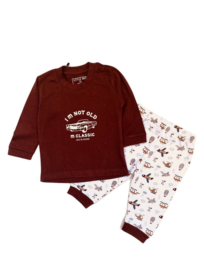 Little Bee 2 Pcs Boys Pajama Set, Adorable Car Airplane Helicopter Print Cozy Long Sleeve Round Neck Top and Long Pants Sleepwear, Soft Breathable Pure Cotton Nightwear, Spring Fall Lounge Wear for New Born To Toddler Boys, Suitable for Sleep Wear, Daily Wear, Casual Wear, Home Wear, School Wear, Brown - Image 2