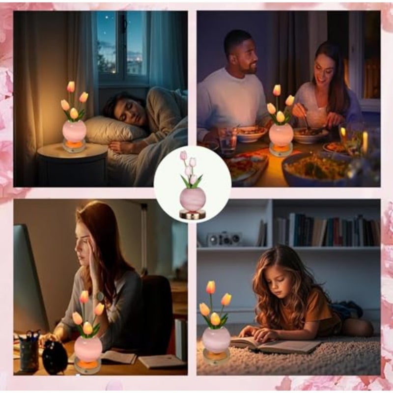 مصباح زهرة التوليب، مصابيح طاولة تعمل باللمس قابلة لإعادة الشحن، 3 ألوان خافتة بشكل لا نهائي، إضاءة ليلية صغيرة، هدايا عيد ميلاد للأمهات، ديكور غرفة البار والحفلات والمهرجانات، وردي - Image 3
