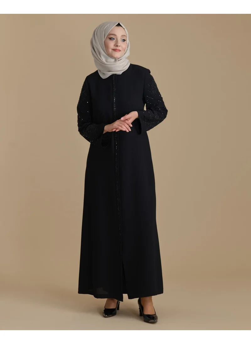 İhvan Ihvan Black Zippered Hijab Abaya with Crystal Stone Sleeves