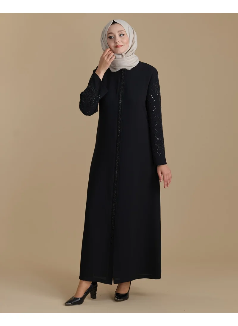 İhvan Ihvan Black Zippered Hijab Abaya with Crystal Stone Sleeves