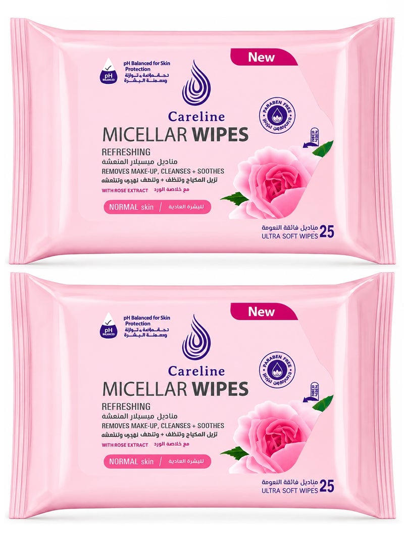 Careline Two Pieces Of Refreshing Micellar Wipes Remove Make Up Cleanses And Soothes With Rose Extract - Image 1