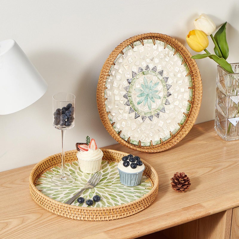 Kmelep Round Rattan Tray with Mother of Pearl Inlay, Rattan Serving Tray with Wooden Base, Decorative Wicker Basket for Table Decor, Storage and Display of Coffee Bread Food Fruit (Bohemia) - Image 3