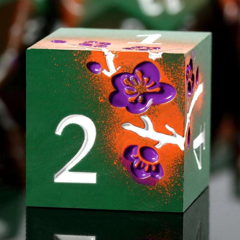 DNDND Metal Dice, 7 PCS Metallic Flowers D&D Dice with Gorgeous Gift Case for DND Dungeons and Dragon Tabletop Game (Army Green and Orange) - Image 1