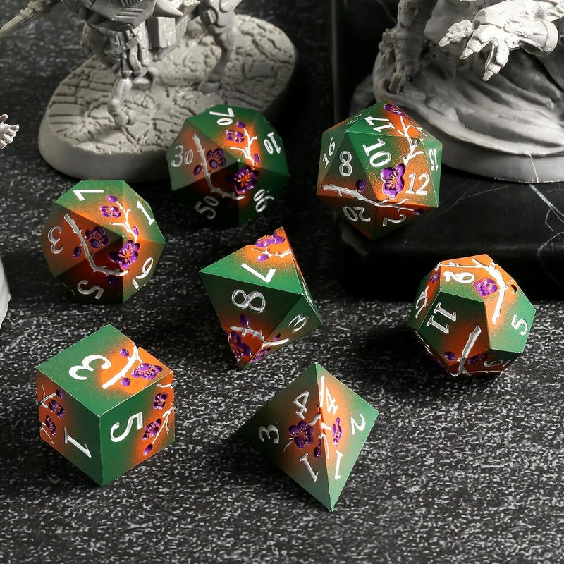 DNDND Metal Dice, 7 PCS Metallic Flowers D&D Dice with Gorgeous Gift Case for DND Dungeons and Dragon Tabletop Game (Army Green and Orange) - Image 4
