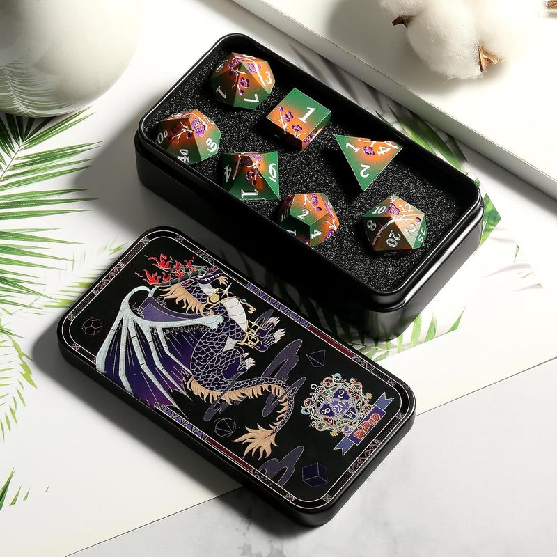 DNDND Metal Dice, 7 PCS Metallic Flowers D&D Dice with Gorgeous Gift Case for DND Dungeons and Dragon Tabletop Game (Army Green and Orange) - Image 5