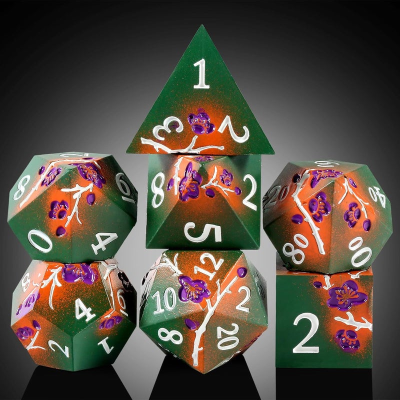 DNDND Metal Dice, 7 PCS Metallic Flowers D&D Dice with Gorgeous Gift Case for DND Dungeons and Dragon Tabletop Game (Army Green and Orange) - Image 2