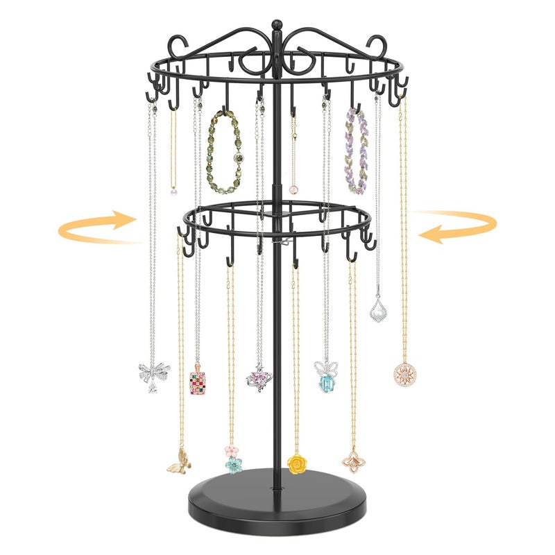 EsLuker.ly Necklace Holder Organizer Rotating Display Stand, 2 Tier Adjustable Height Necklaces Hanger Tree Tower with 42 Hooks, Metal Tall Jewelry Bracelet Storage Rack for Women Vendors Sell, Black - Image 1