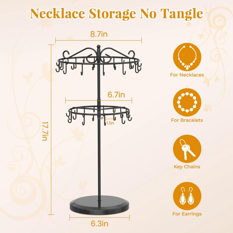 EsLuker.ly Necklace Holder Organizer Rotating Display Stand, 2 Tier Adjustable Height Necklaces Hanger Tree Tower with 42 Hooks, Metal Tall Jewelry Bracelet Storage Rack for Women Vendors Sell, Black - Image 3