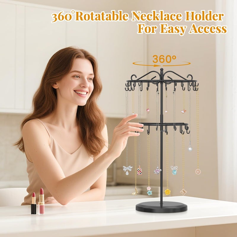 EsLuker.ly Necklace Holder Organizer Rotating Display Stand, 2 Tier Adjustable Height Necklaces Hanger Tree Tower with 42 Hooks, Metal Tall Jewelry Bracelet Storage Rack for Women Vendors Sell, Black - Image 2