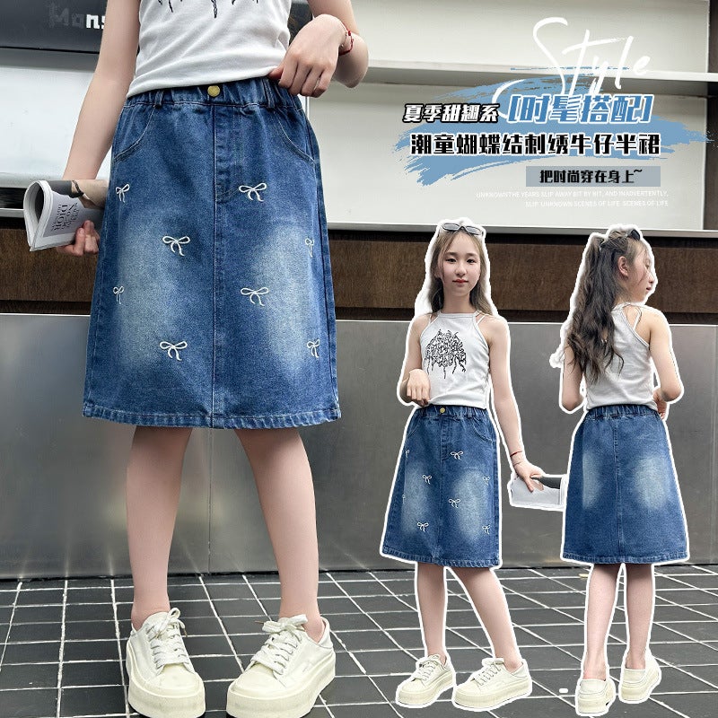 Girls' 2025 Arrival Bow Embroidered All-Match Skirt Korean Style Loose Denim Trendy Skirt For Large Children - Image 2