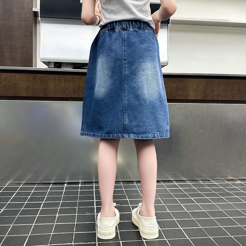 Girls' 2025 Arrival Bow Embroidered All-Match Skirt Korean Style Loose Denim Trendy Skirt For Large Children - Image 5