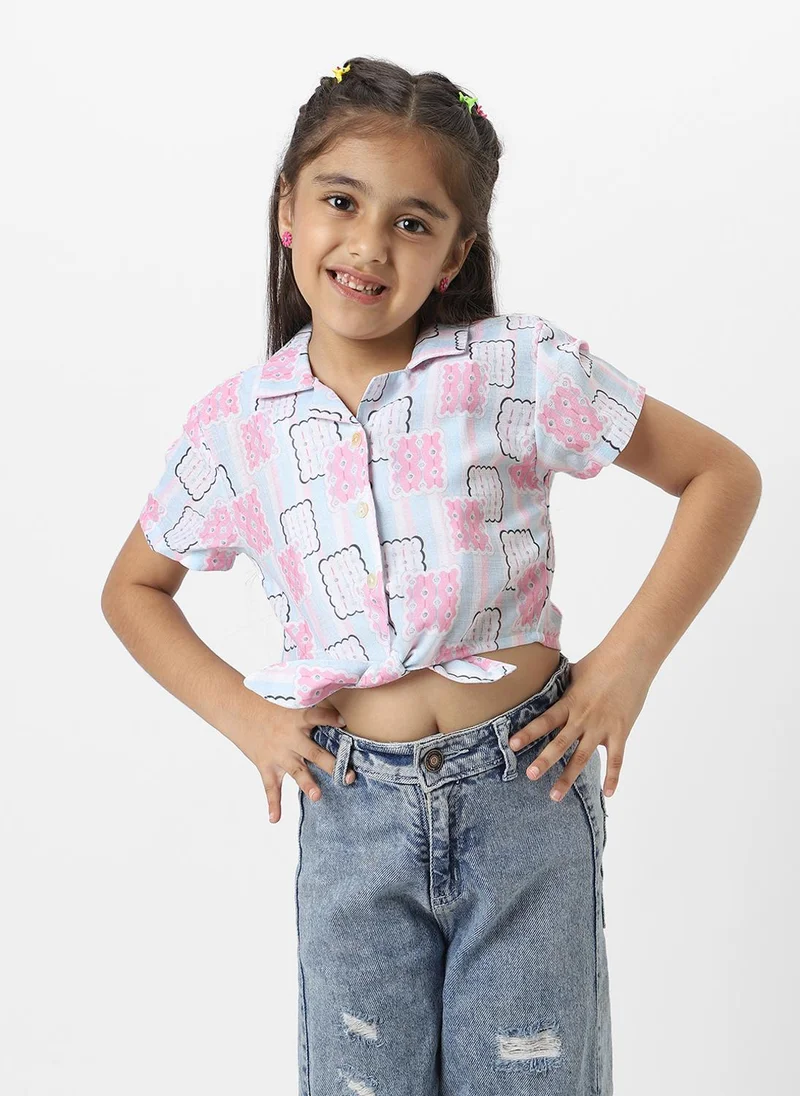 نوتيناتي Nautinati Girls’ Pink And Blue Cotton Geometric Printed Everyday Wear Crop Shirt With Tie-Up Detail