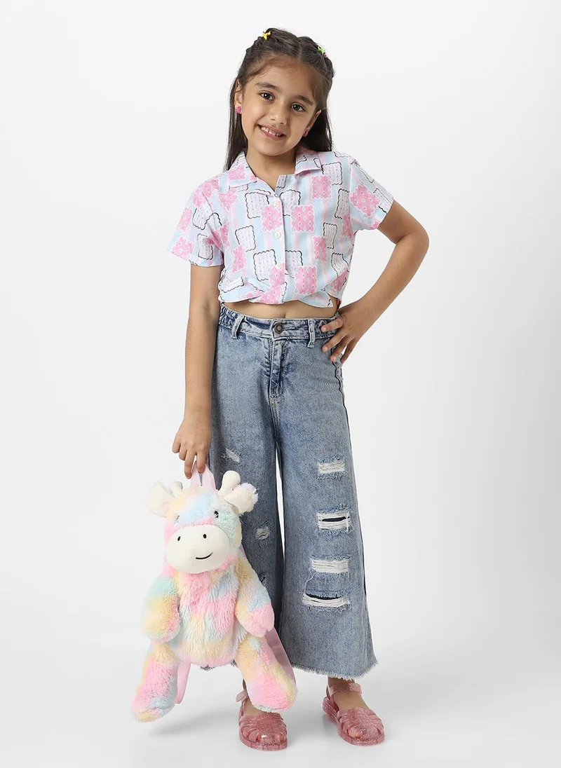 نوتيناتي Nautinati Girls’ Pink And Blue Cotton Geometric Printed Everyday Wear Crop Shirt With Tie-Up Detail