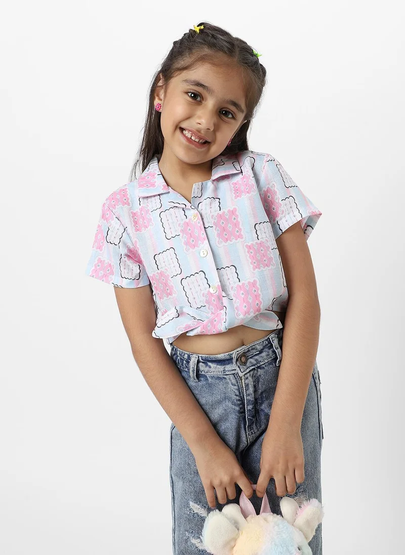 نوتيناتي Nautinati Girls’ Pink And Blue Cotton Geometric Printed Everyday Wear Crop Shirt With Tie-Up Detail