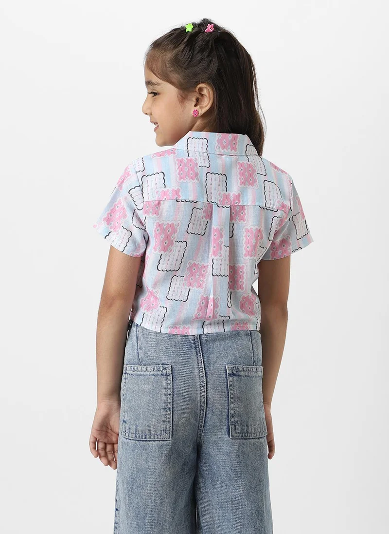 نوتيناتي Nautinati Girls’ Pink And Blue Cotton Geometric Printed Everyday Wear Crop Shirt With Tie-Up Detail