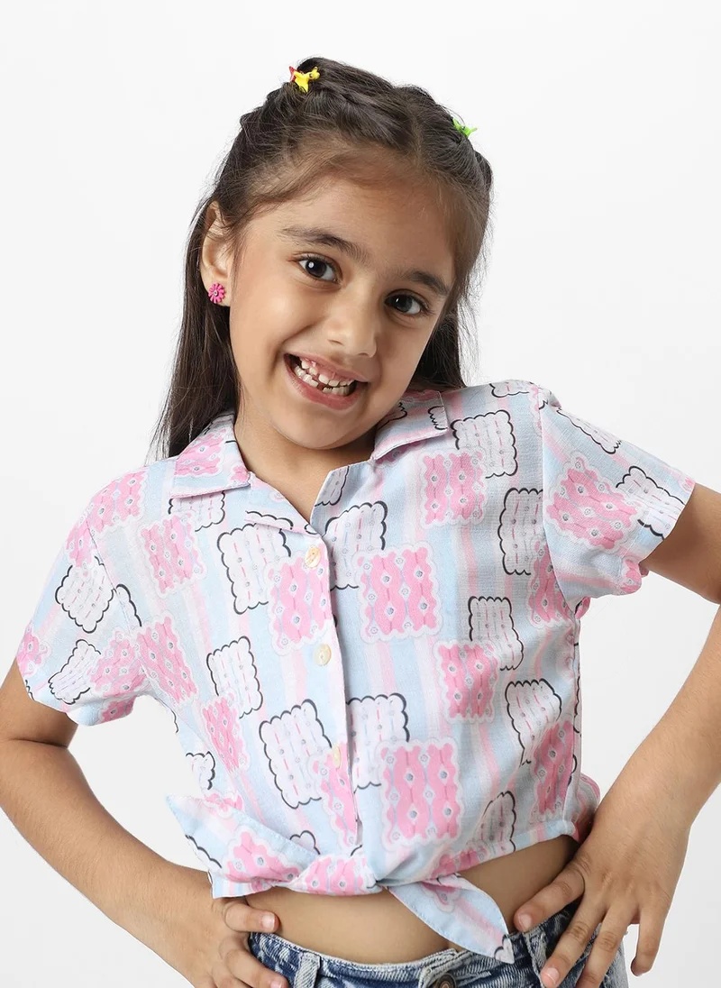 نوتيناتي Nautinati Girls’ Pink And Blue Cotton Geometric Printed Everyday Wear Crop Shirt With Tie-Up Detail