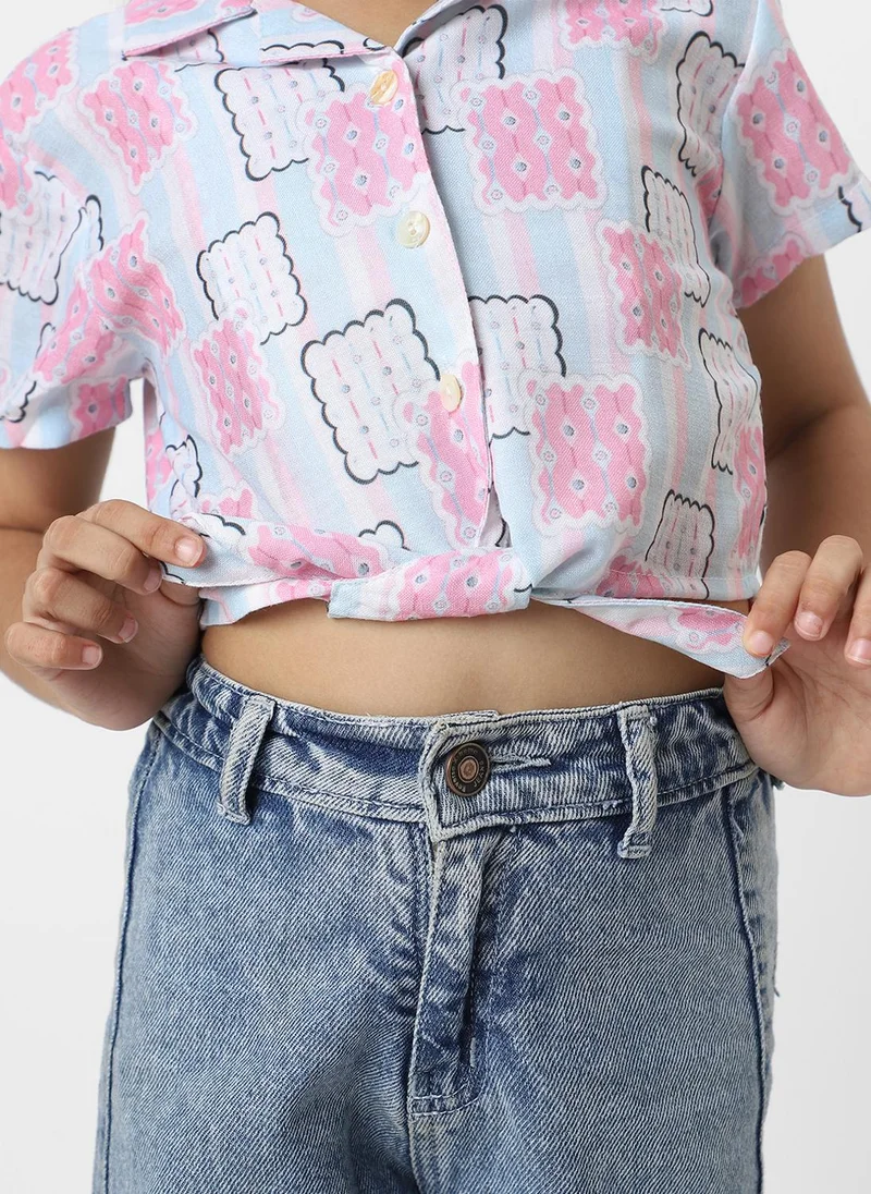 نوتيناتي Nautinati Girls’ Pink And Blue Cotton Geometric Printed Everyday Wear Crop Shirt With Tie-Up Detail