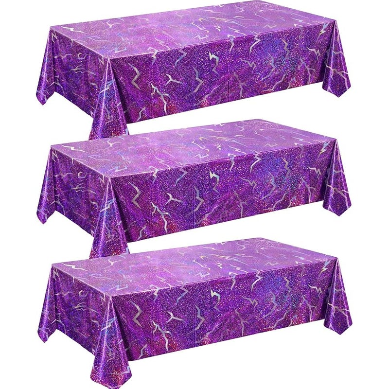 K-Style Birthday Decorations, 3 Pack Holographic Laser Purple Tablecloths, Shiny Lightning Disposable Table Covers for Birthday, Bridal Shower, Bachelorette, Disco Party, 54x108 Inch - Image 1