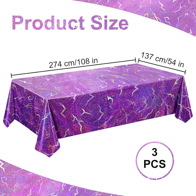 K-Style Birthday Decorations, 3 Pack Holographic Laser Purple Tablecloths, Shiny Lightning Disposable Table Covers for Birthday, Bridal Shower, Bachelorette, Disco Party, 54x108 Inch - Image 2