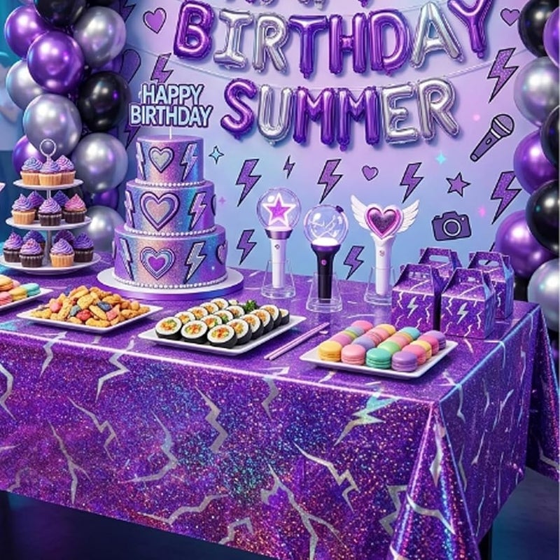 K-Style Birthday Decorations, 3 Pack Holographic Laser Purple Tablecloths, Shiny Lightning Disposable Table Covers for Birthday, Bridal Shower, Bachelorette, Disco Party, 54x108 Inch - Image 4