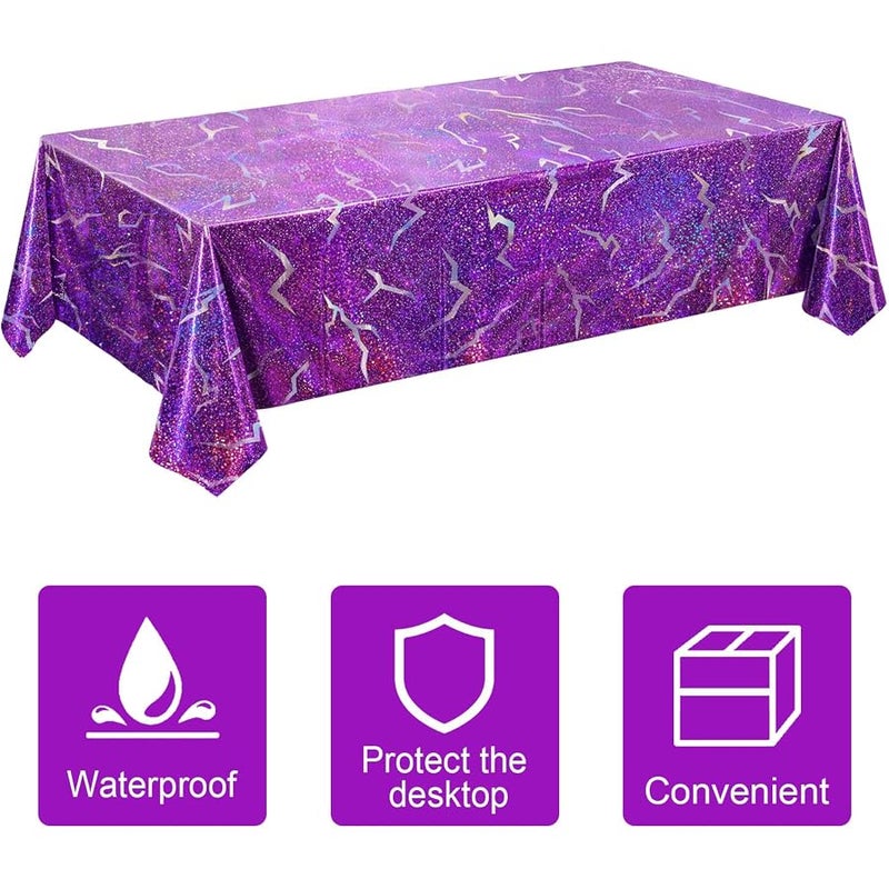 K-Style Birthday Decorations, 3 Pack Holographic Laser Purple Tablecloths, Shiny Lightning Disposable Table Covers for Birthday, Bridal Shower, Bachelorette, Disco Party, 54x108 Inch - Image 3