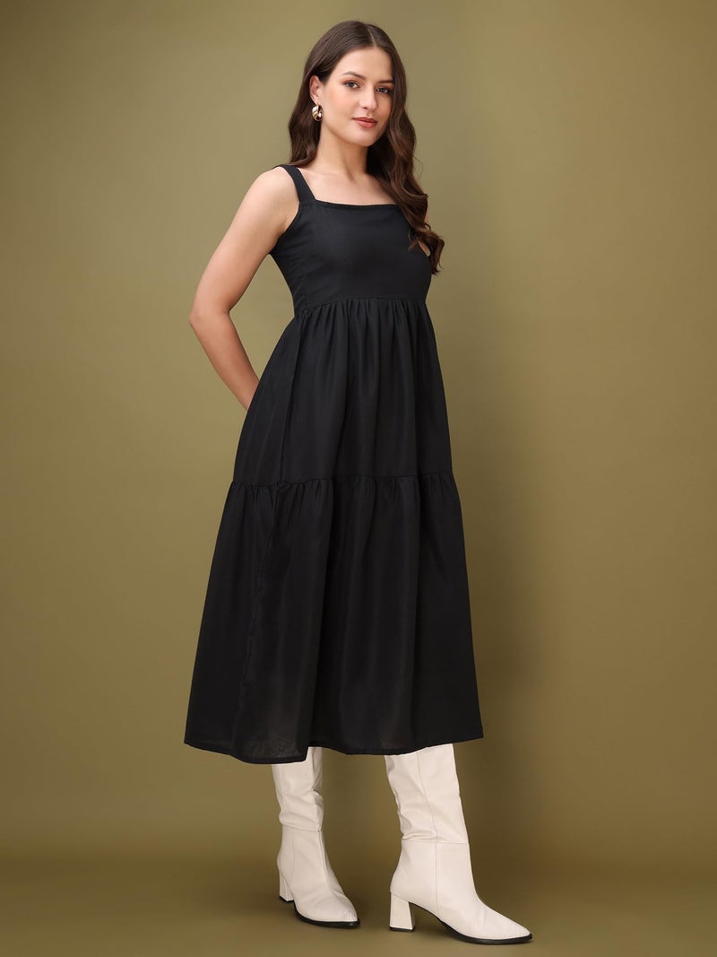 PURVAJA Women’s Square Neck Casual Cotton Dress (Floe-148-L_Black) - Image 2