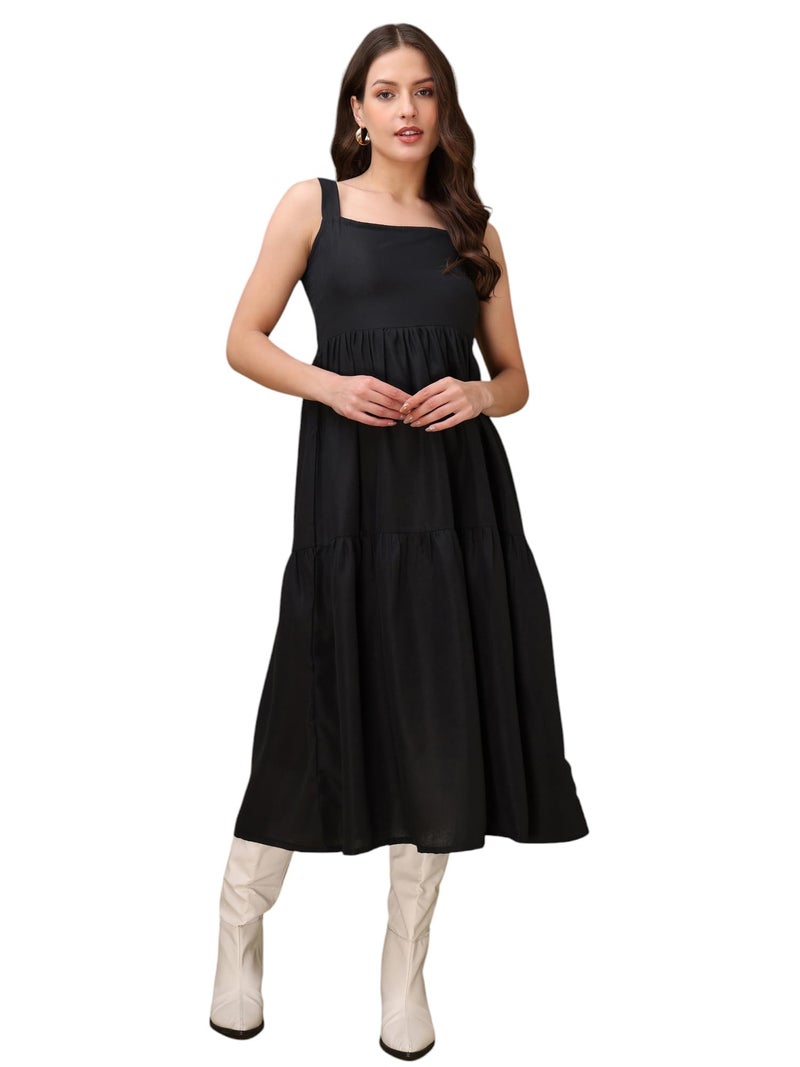 PURVAJA Women’s Square Neck Casual Cotton Dress (Floe-148-L_Black) - Image 1