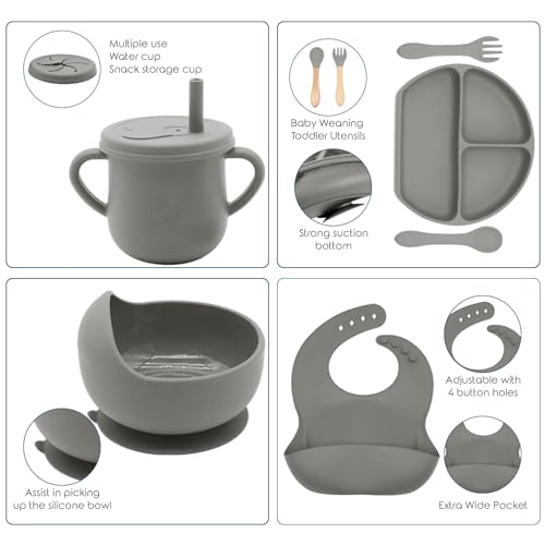 Dormlony 100% Silicone baby feeding set,BPA free Baby dishes set with Suction Bowl Divided Plate,Toddler Self Feeding Dish Set with Spoons Forks Sippy Cup And Bib, Baby Eating Utensils (Grey) - Image 3