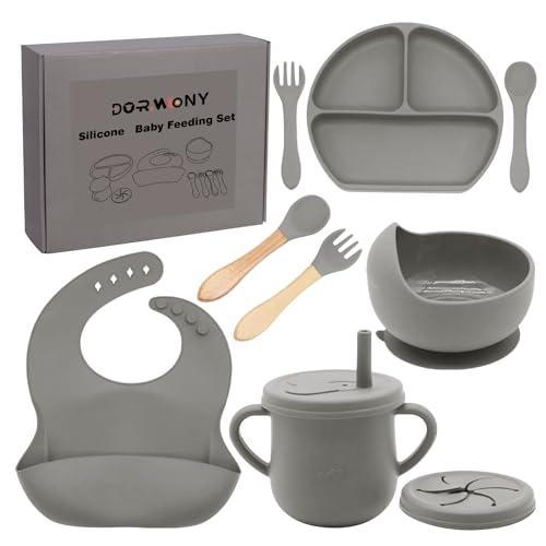 Dormlony 100% Silicone baby feeding set,BPA free Baby dishes set with Suction Bowl Divided Plate,Toddler Self Feeding Dish Set with Spoons Forks Sippy Cup And Bib, Baby Eating Utensils (Grey) - Image 1