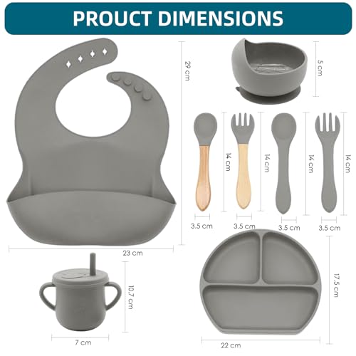Dormlony 100% Silicone baby feeding set,BPA free Baby dishes set with Suction Bowl Divided Plate,Toddler Self Feeding Dish Set with Spoons Forks Sippy Cup And Bib, Baby Eating Utensils (Grey) - Image 2