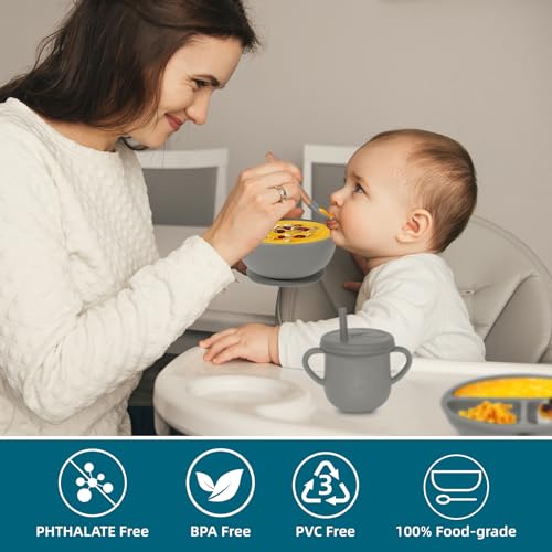 Dormlony 100% Silicone baby feeding set,BPA free Baby dishes set with Suction Bowl Divided Plate,Toddler Self Feeding Dish Set with Spoons Forks Sippy Cup And Bib, Baby Eating Utensils (Grey) - Image 5