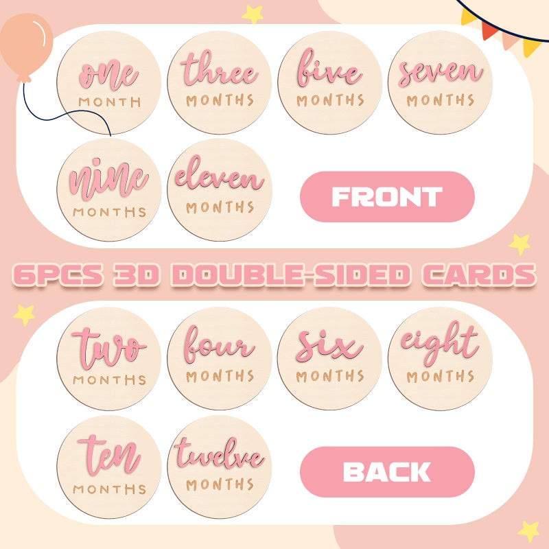 Booson 6 Pack 3D Pink Monthly Baby Milestone Announcement Sign with 2 Pack Bow Headbands Double Sided Newborn Signs Wooden Discs for Welcome Newborn Shower Boy Girl Photo Props - Image 3