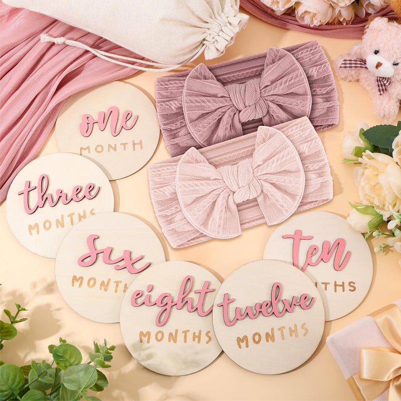 Booson 6 Pack 3D Pink Monthly Baby Milestone Announcement Sign with 2 Pack Bow Headbands Double Sided Newborn Signs Wooden Discs for Welcome Newborn Shower Boy Girl Photo Props - Image 4